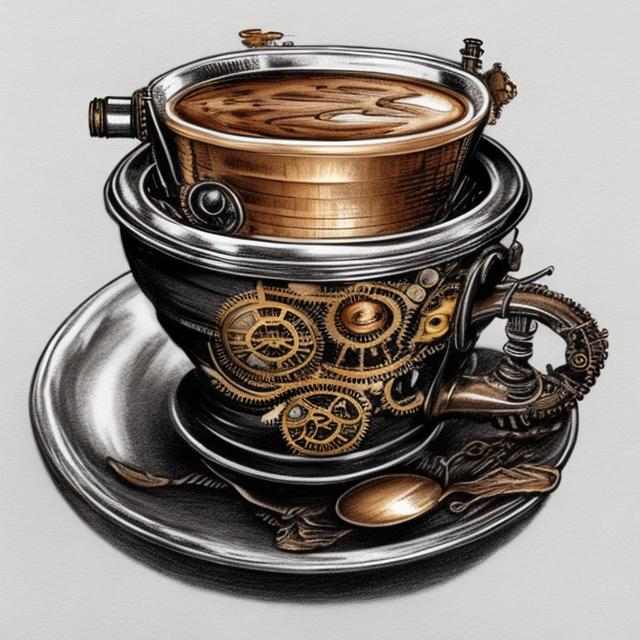 Prompt: drawn steampunk coffee cup