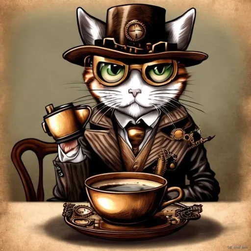 Prompt: drawn steampunk cat drinking coffee