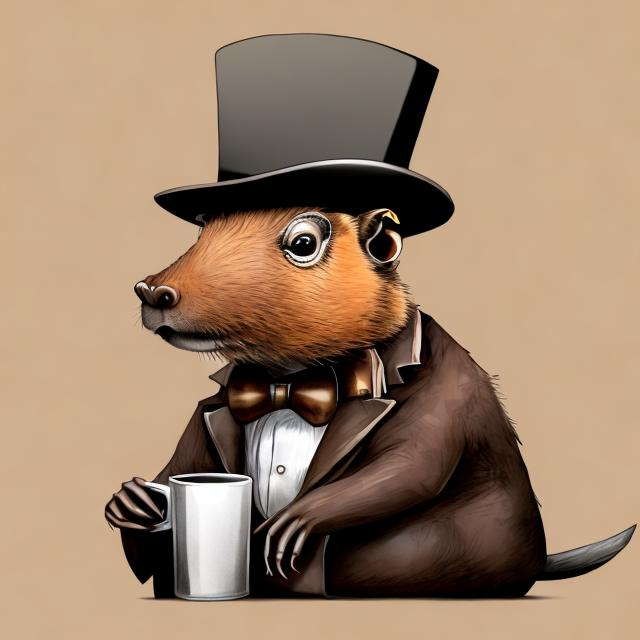 Prompt: steampunk capybara in a top hat drinking coffee