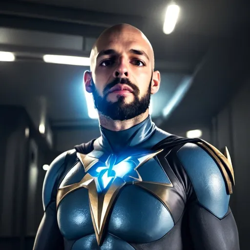 Prompt: This image shows the intergalactic relationship between two male beings. One being is from earth, he's handsome, 59 years old, shaves his head but has a nice beard; he is 5.8, slim to a bit muscular; fair skin. His mate is from a planet called Zorbia, his name is Zink. He is 39 years old, 5.11, has beautiful shimmering blue skin, piercing blue eyes and light blue hair. We are dressed in superhero costumes, Zink's superhero name is Blue Apollo and mine is Dar Omega. Our costumes are very modern, our emblems representative of our superhero names. The colors match since we are a duo; our capes are white with a gold rim, the rest of the uniform is a shimmering blue with gold accents. 