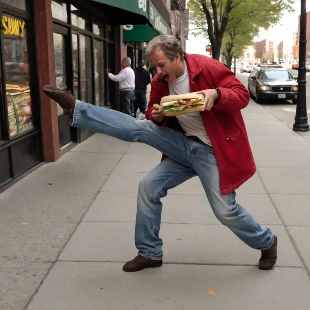 Prompt: Poor guy dancing on the sidewalk for half a Subway sandwich