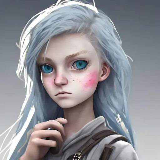 Prompt: My dystopian character has blue eyes,and she has blonde hair,She has a scar on her face,and has a birth mark on her hand,and has a girly style
