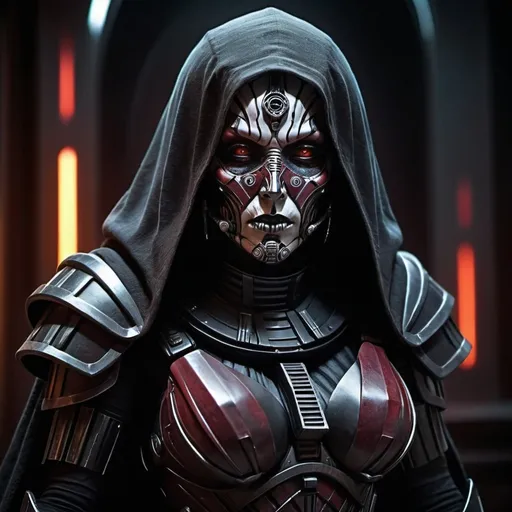 Prompt: A female version of Darth Malgus with mask on her mouth and not covering her face entirely 
