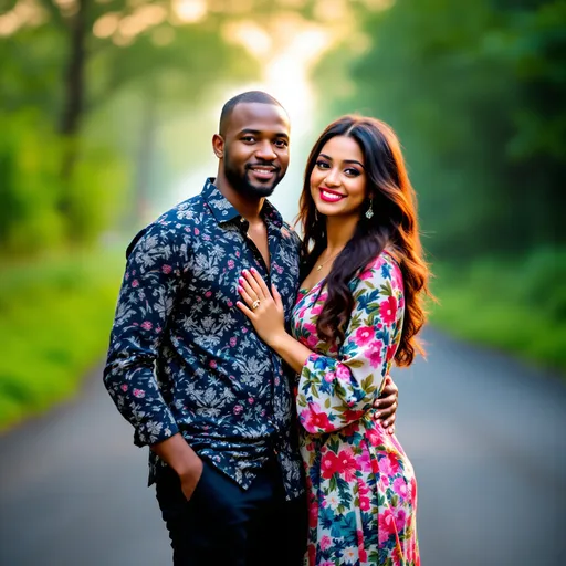 Prompt: A couple stands closely together on a serene, winding road, surrounded by lush greenery that hints at the early hours of the day. The man, dressed in a stylish, patterned shirt and dark pants, stands with a relaxed expression, while the woman, her hair cascading elegantly, beams with a warm smile, exuding confidence and joy. She is partially behind him, her arms wrapped gently around his waist, subtly holding a smartphone, suggesting a moment of intimacy captured in time. The soft, natural light enhances the vibrant colors of their attire, while the hazy background adds a dreamy quality to the scene, evoking a sense of romance and connection between the two.