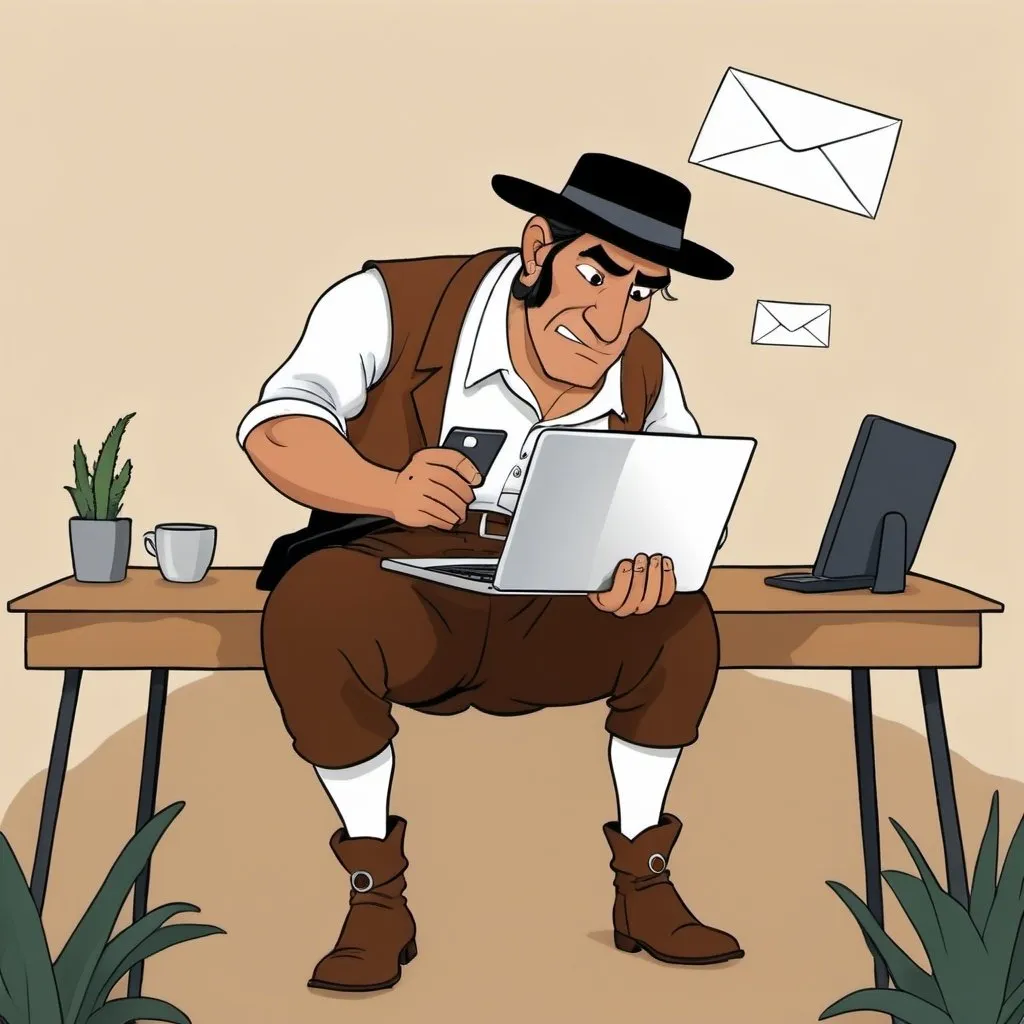 Prompt: There be a cartoon illustration:
An Argentine gaucho reading an email in his computer