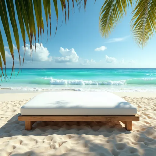 Prompt: A hyper-realistic image of an empty white padded and flat resort beach-bed on a pristine Caribbean beach with light tan sand and turquoise ocean waves in the background. The beach-bed is flat. Bright midday sun casts clear shadows. Palm shadows softly fall on the sand near the flat beach-bed. The beach is deserted with no people visible. Camera fixed eye-level, DSLR 50mm lens, f/1.8, ISO 100, 16:9 aspect ratio.