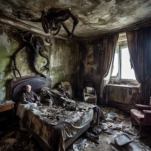 Prompt: <mymodel> man with h.r.giger creature on bed looking hungry, gopro, interior, soberly lit, dystopian, post-apocalyptic hotel room, fona, disgusting bed spreads, peeling wallpaper, black mold, haunted hallways, hint of irony, splash of art nouveau


