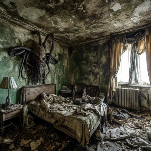 Prompt: <mymodel> man with h.r.giger creature on bed looking hungry, gopro, interior, soberly lit, dystopian, post-apocalyptic hotel room, fona, disgusting bed spreads, peeling wallpaper, black mold, haunted hallways, hint of irony, splash of art nouveau


