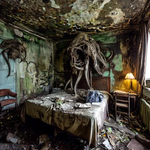 Prompt: <mymodel> man with large h.r.giger creature on bed looking hungry, gopro, interior, soberly lit, dystopian, post-apocalyptic hotel room, fona, disgusting bed spreads, peeling wallpaper, black mold, haunted hallways, hint of irony, splash of art nouveau


