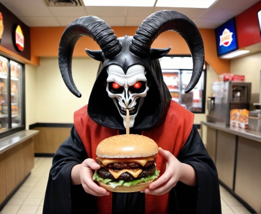 Prompt: Crea una foto de un kid con una figura de juguete de baphomet en un burger king