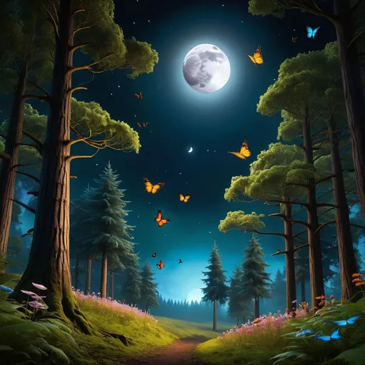 Prompt: beautiful magic forest, tall trees,many trees, large moon, godrays, butterflies, nighttime, dark