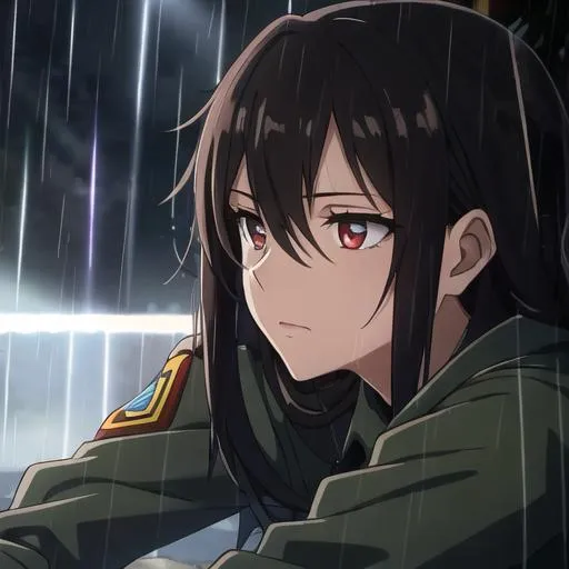Prompt: close up of a female soldier sitting in the rain, beautiful, dark hair, nighttime, godrays, lightshafts  
