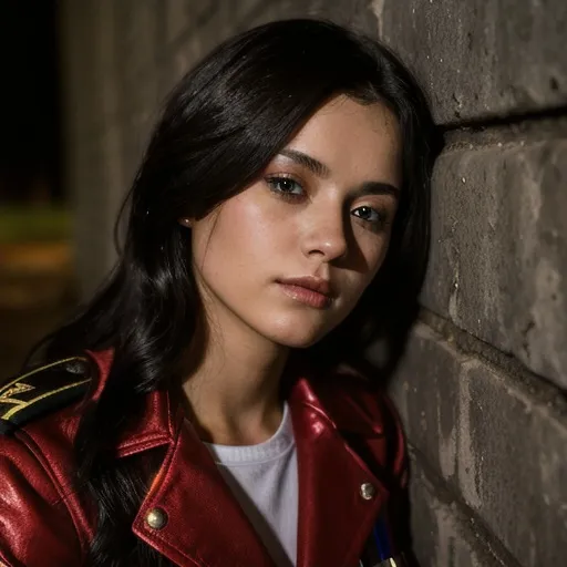 Prompt: close up of a female soldier leaning against a wall, beautiful, dark hair, nighttime, godrays, lightshafts  