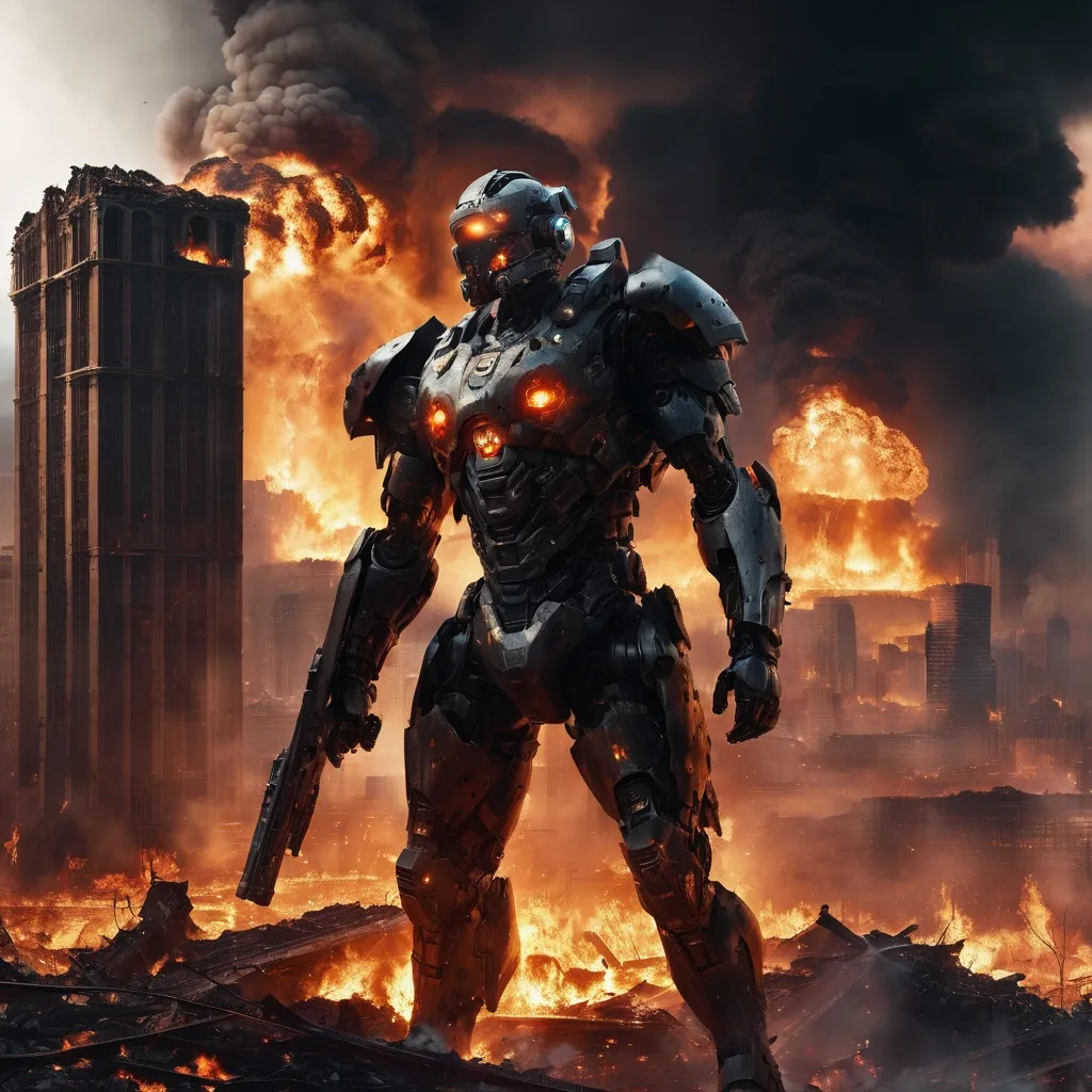 Prompt: wounded cyborg, destroyed city in the background, fire, moody, dark, visceral, destruction, chaos