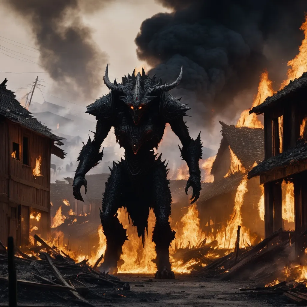 Prompt: humanoid creature, destroyed village in the background, fire, moody, dark, visceral, destruction, chaos, death