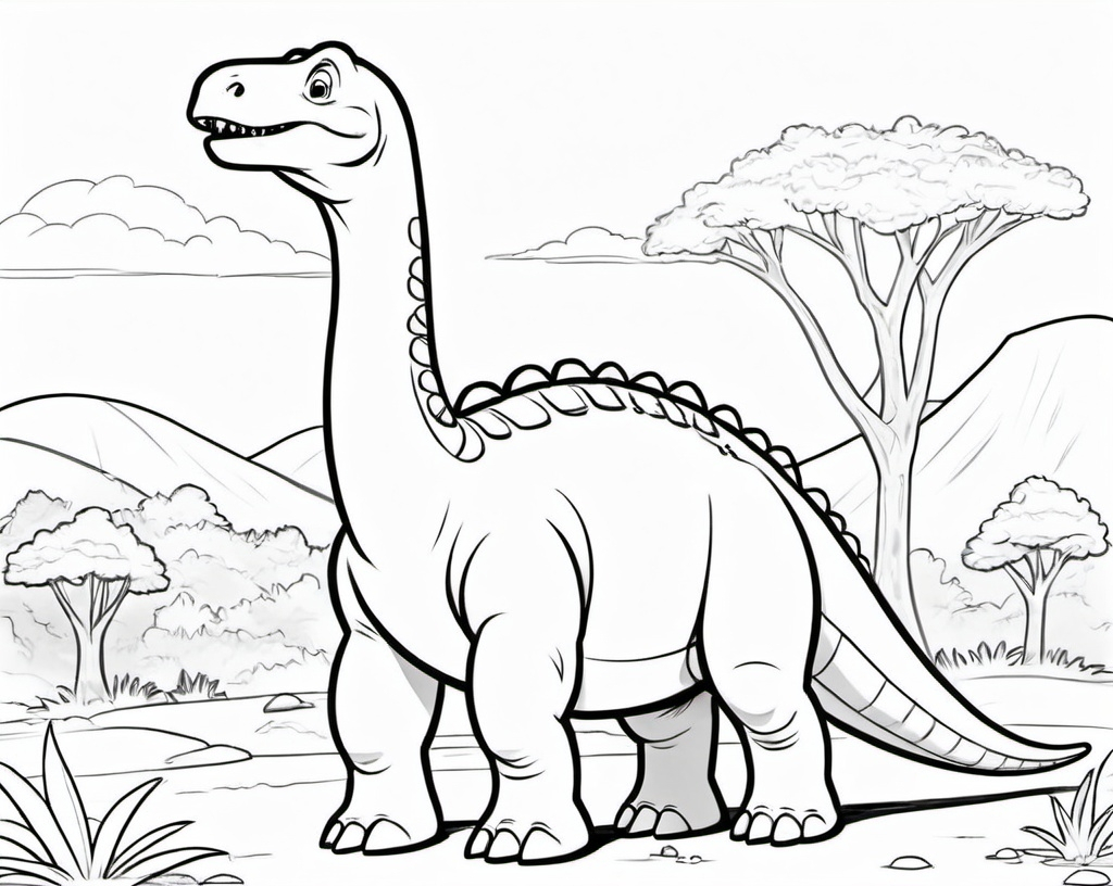 Prompt: Draw a coloring page of a brontosaurus for a 5 year old. No color, black outline