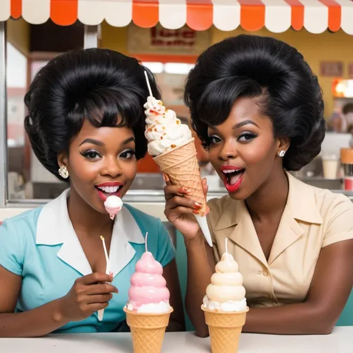 Prompt: 2 cute black women wearing 1960s beehive hairdo eating 3 foot Sundaes at an ice cream parlor

