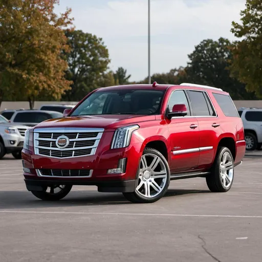 Prompt: A Red Escalade parked on parking lot