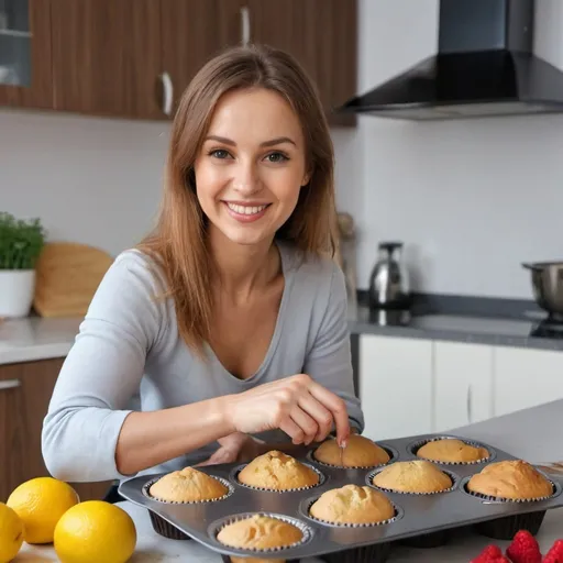 Prompt: Happy woman is preparing the proper meal in the kitchen.
Close-up of a beautiful woman baking muffins

