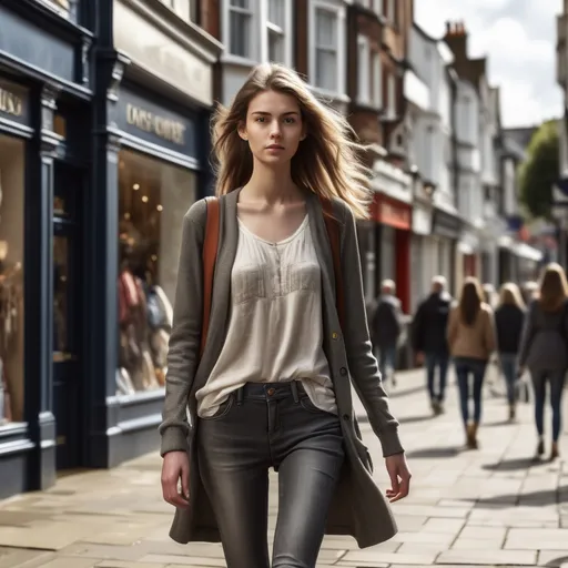 Prompt: Tall young woman walking down the high street, detailed clothing, realistic, natural lighting