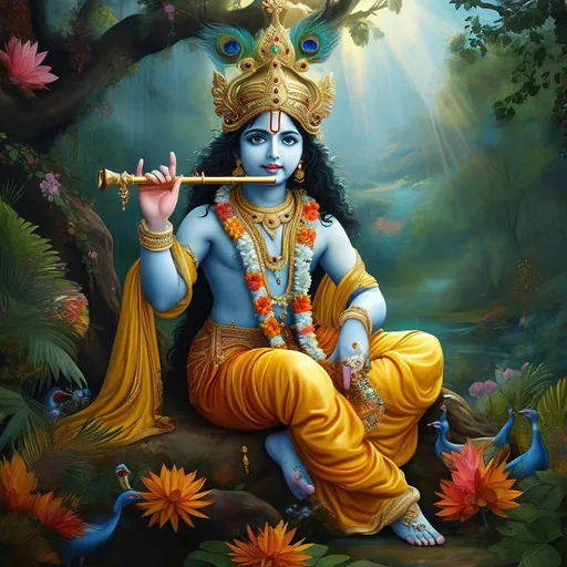 Prompt: Lord Krishna in a majestic pose, (vibrant colors), intricate details in attire, wearing a peacock feather crown, holding a flute gracefully, surrounded by a serene landscape, (golden rays of sunlight illuminating) the scene, lush greenery, ornamental flowers, (divine aura), (highly detailed), (HD).