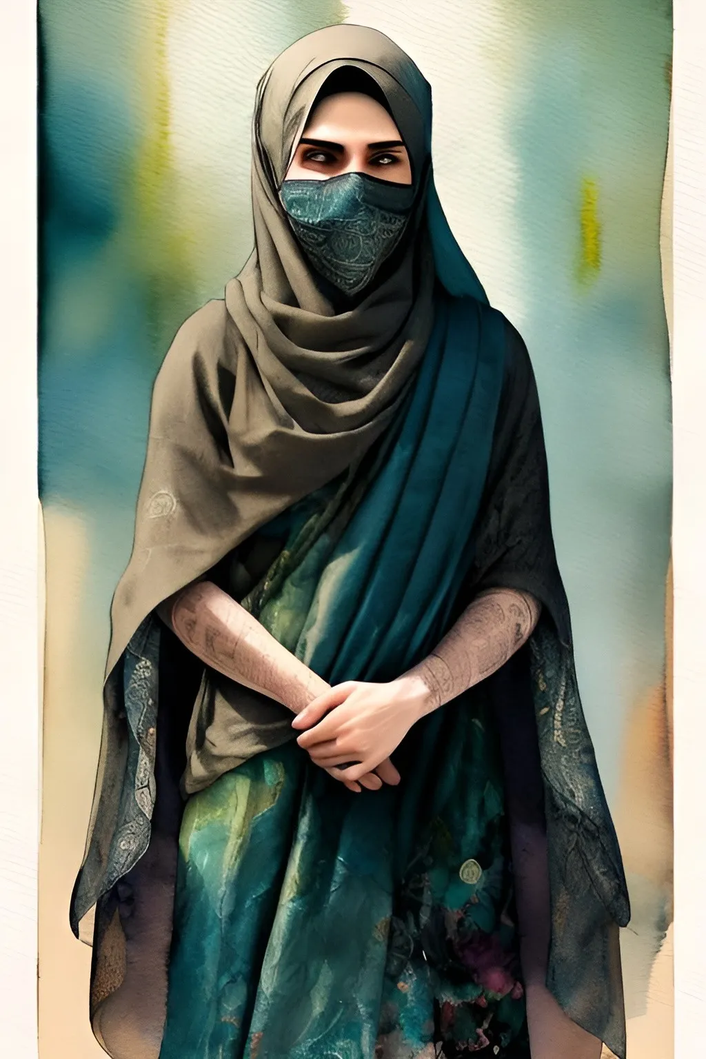 Prompt: butch masculine niqabi, masculine, Muslim, niqabi, stoic, pastels, cool tones, detailed fabric textures, watercolor painting, abstract  Islamic background, strong but gentle, Islam, traditional, detailed fabric textures, Islamic architecture, professional, veiled, lighting, face veil, flowers