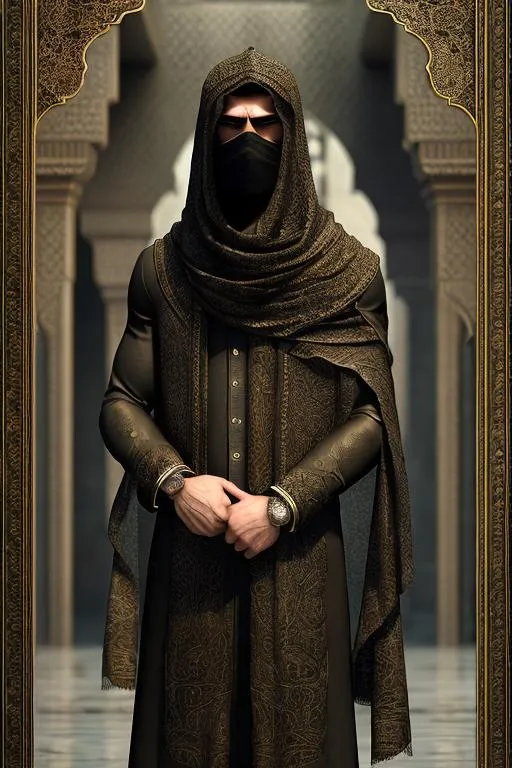 Prompt: butch masculine niqabi, masculine, Muslim, niqabi, stoic and confident pose, cool tones, detailed fabric textures, traditional Islamic architecture in the background, highly detailed, strong and confident, traditional, detailed fabric textures, warm earthy tones, Islamic architecture, professional, veiled, atmospheric lighting, face veil