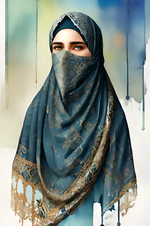 Prompt: butch masculine niqabi, masculine, Muslim, niqabi, stoic, pastels, cool tones, detailed fabric textures, watercolor painting, abstract  Islamic background, strong but gentle, Islam, traditional, detailed fabric textures, Islamic architecture, professional, veiled, lighting, face veil, flowers
