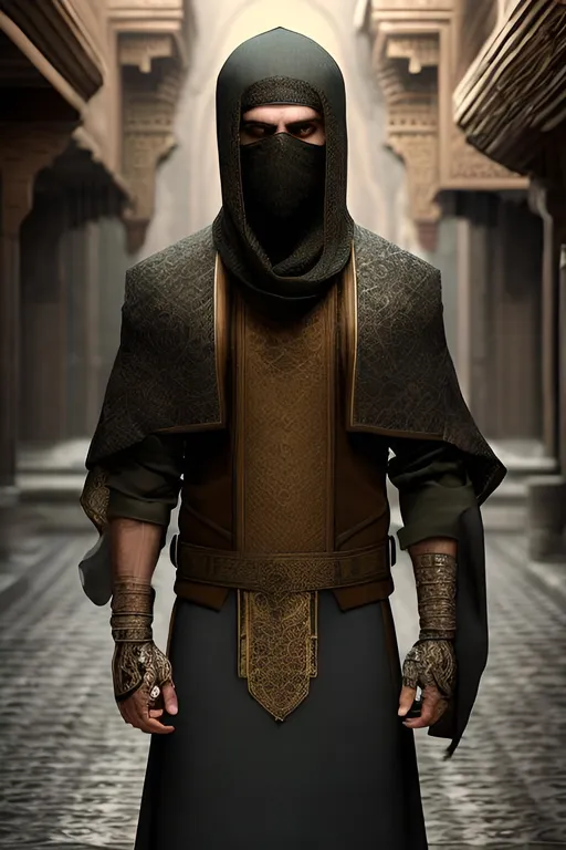 Prompt: butch masculine niqabi, masculine, Muslim, niqabi, stoic and confident pose, cool tones, detailed fabric textures, traditional Islamic architecture in the background, highly detailed, strong and confident, traditional, detailed fabric textures, warm earthy tones, Islamic architecture, professional, veiled, atmospheric lighting, face veil