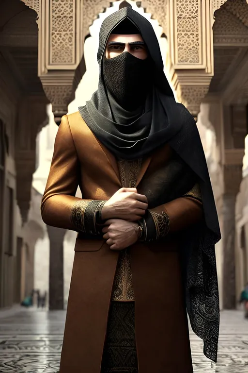 Prompt: butch masculine niqabi, masculine, Muslim, niqabi, stoic and confident pose, cool tones, detailed fabric textures, traditional Islamic architecture in the background, highly detailed, strong and confident, traditional, detailed fabric textures, warm earthy tones, Islamic architecture, professional, veiled, atmospheric lighting, face veil