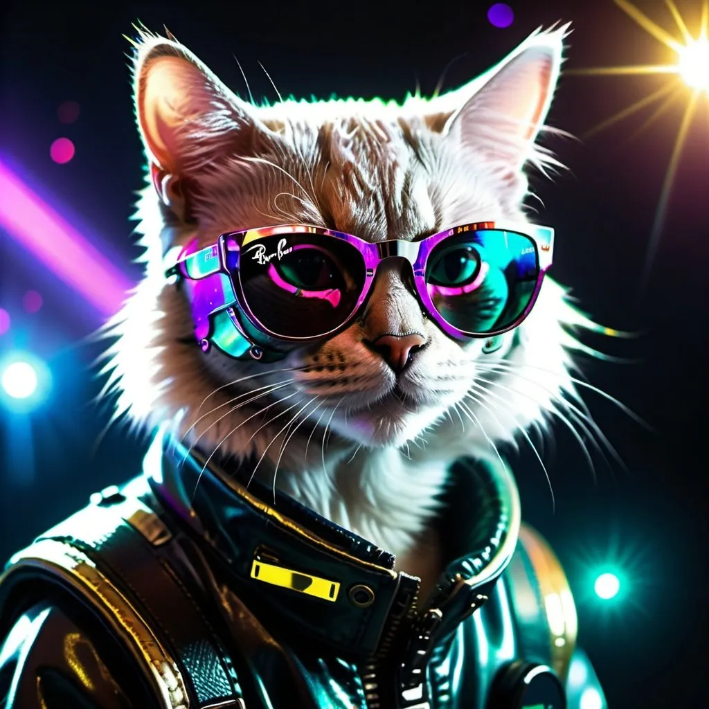 Prompt: A cyberpunk cat in space with Ray-Ban Wayfarers and disco lights