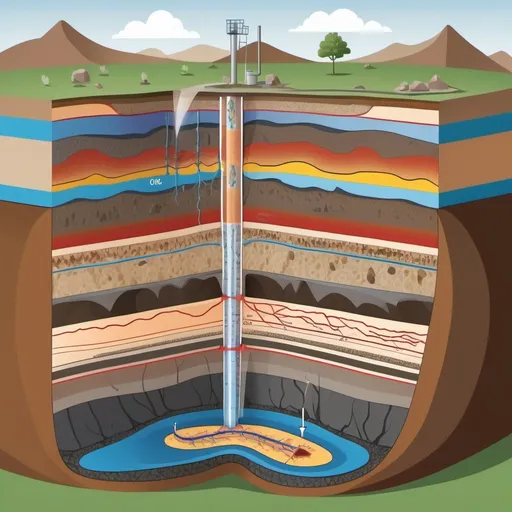 Prompt: an underground geologic rock formation consisting of multiple layers and a fracture fault network through which hot water flows for geothermal energy extraction and fracking 
