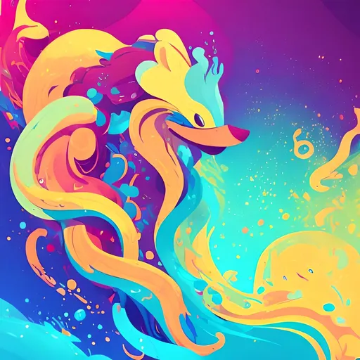 Prompt: Flowing kind animal character, fluid flows in background, colorful, warm tones