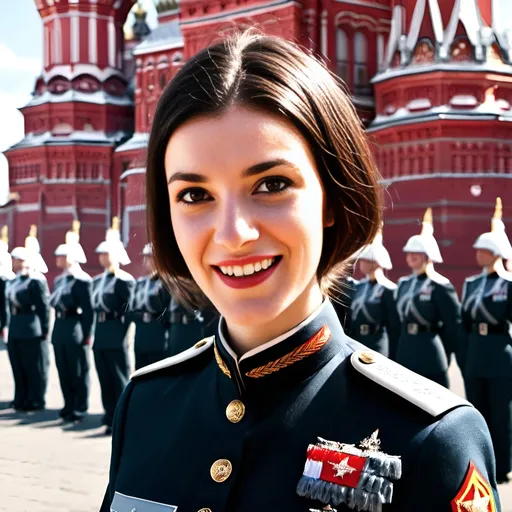 Prompt: Lady officer reviewing troops, clean parade uniform, Red Square, sunny day, military parade, professional, detailed facial features, highres, sunny, vibrant, military, formal, atmospheric lighting