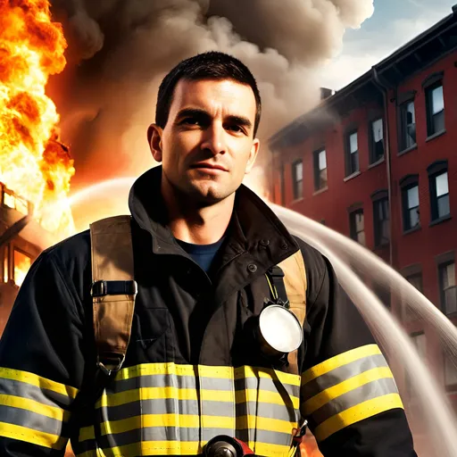 Prompt: Brave and charming fireman battling flames, hose spraying, blazing buildings in the background, high-res, intense action, heroic, realistic, fiery tones, dramatic lighting, professional illustration, detailed facial features, dynamic composition