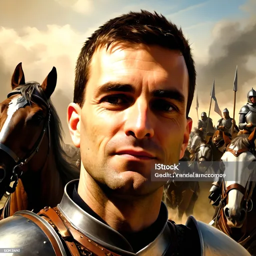 Prompt: Knight in full armor leading a cavalry charge, medieval, detailed armor, majestic, epic battle scene, high quality, oil painting, warm tones, dramatic lighting, detailed horse armor, heroic, medieval warfare, powerful stance, historical, dynamic composition, vibrant colors, medieval, grandeur