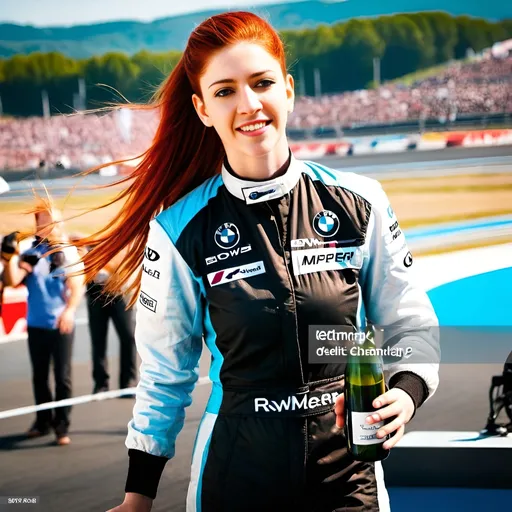 Prompt: Young redhead woman with long red hair BMW racing driver celebrating on winner's podium, holding spraying champaigne bottle, race track, cheering crowds, BMW cars in difting in the background, sunny day, high-res, realistic, vibrant colors, dynamic, professional, detailed facial expression, intense emotions, motorsport, outdoor, victorious, energetic, realistic lighting