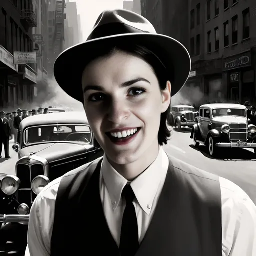 Prompt: Mob boss with fedora hat, prohibition era, New York, Chicago, gang, Tommy gun, 30s cars in the background, vintage noir style, high quality, detailed facial features, realistic oil painting, fedora hat, prohibition era, vintage cars, gangster, Tommy gun, New York, Chicago, noir, atmospheric lighting