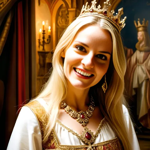 Prompt: Beautiful French queen in a majestic medieval castle hall, wearing a golden crown with diamonds, ornate tapestries on the wall, regal smile, medieval atmosphere, high-quality, detailed, oil painting, majestic, historical, opulent, warm tones, soft lighting