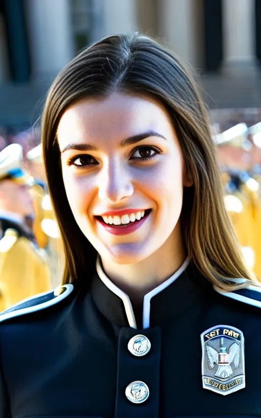 Prompt: Lady officer reviewing troops, clean parade uniform, soldiers saluting, West Point, Washington sunny day, military parade, professional, detailed facial features, highres, sunny, vibrant, military, formal, atmospheric lighting