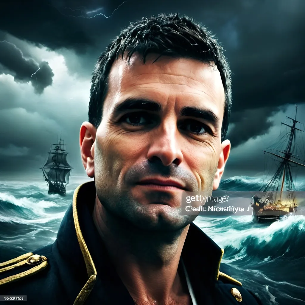 Pirate captain in a stormy sea battle, oil painting,...