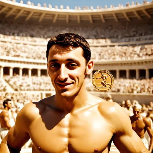 Prompt: Ancient Greek Olympic runners with gold medals, crowded stadium, ancient olympiad, large arena, detailed athletic bodies, marble statue backdrop, gold-tinged sunlight, high quality, realistic, ancient Greek, historic, detailed crowd, athletic competition, golden hue, epic atmosphere