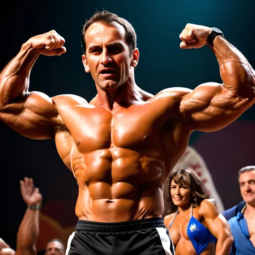 Prompt: Strong bodybuilder at Mister Universe competition, muscular physique, podium, large cheering crowd, stage lights, championship moment, professional bodybuilding, intense atmosphere, high energy, detailed muscles, realistic rendering, vibrant colors, dynamic lighting, high quality, intense competition, professional bodybuilding, energetic atmosphere