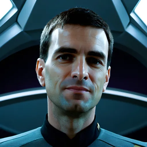Prompt: Star Trek captain on Enterprise's bridge, deep space, ultrarealistic, photorealistic, hyperrealistic, detailed metallic textures, futuristic android design, deep space setting, high-tech spaceship interior, intricate reflections, realistic lighting, metal textures, detailed facial features, professional, highres, ultradetailed, sci-fi, realistic, futuristic, atmospheric lighting