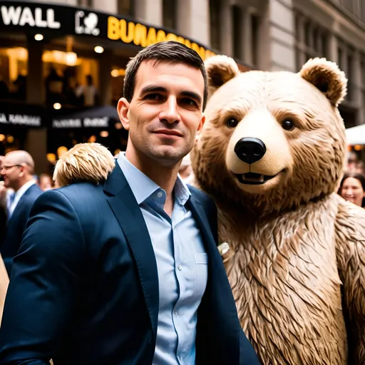 Prompt: Charming man standing next to humanoid bear, Wall Street Market, bear is smiling and hugging the man, brokers around, detailed expressions, bustling crowd, heartwarming moment, high quality, realistic, heartwarming, vibrant colors, detailed, bustling atmosphere, professional lighting
