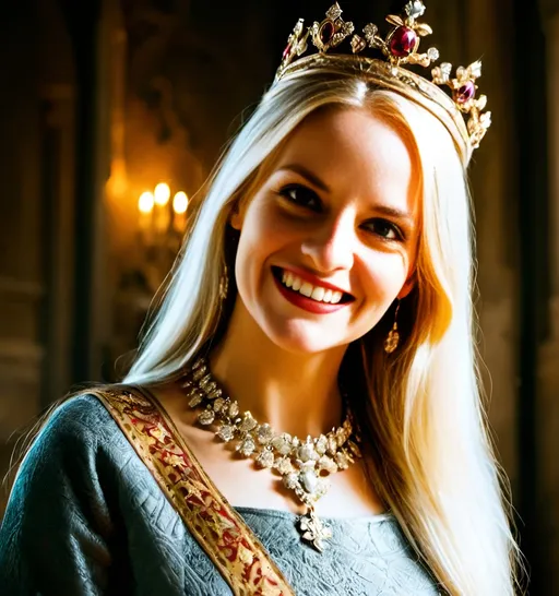 Prompt: beautiful French queen wearing golden crown with diamonds is smiling and standing in the castle hall, tapestries on the wall, medieval atmosphere, majestic