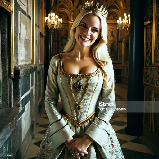 Prompt: beautiful French queen wearing golden crown with diamonds is smiling and standing in the castle hall, tapestries on the wall, medieval atmosphere, majestic