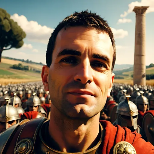 Prompt: Roman centurion leading a legion, marching through countryside, Roman legionaries in formation, towering column of soldiers, sunlit road leading to Rome, expansive landscape with countryside, sunny day, high quality, realistic, historical, sunny lighting, detailed armor and shields, ancient Roman, grandeur, epic