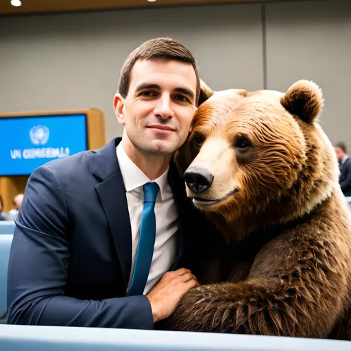 Prompt: Charming man sitting next to a smiling grizzly bear who is hugging the man at the UN General assembly, UN General assembly, bear is smiling and hugging the man, photorealistic, ultrarealistic, extremely realistic