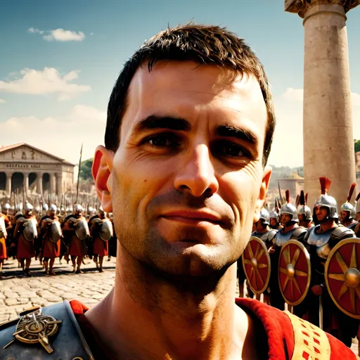 Prompt: Roman centurion leading a legion, marching through Rome in triumph, Roman legionaries in formation, triumph, towering column of soldiers, sunlit road leading to Rome, expansive landscape with countryside, sunny day, high quality, realistic, historical, sunny lighting, detailed armor and shields, ancient Roman, grandeur, epic